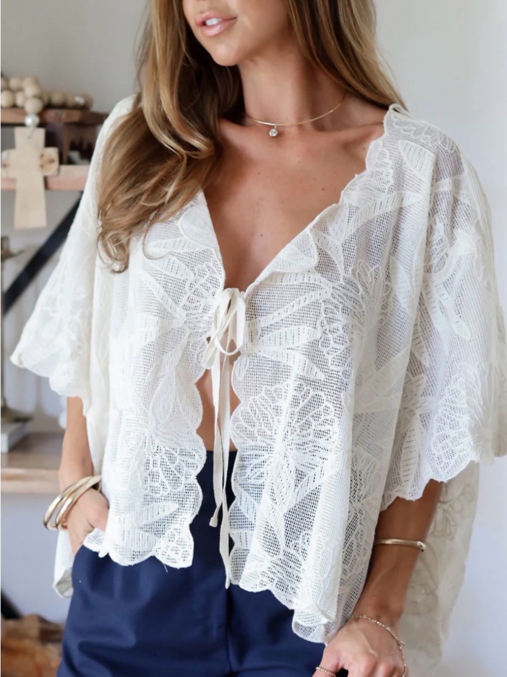 Mustard Seed Cape Cod Crochet Boho Sheer Lace Capelet Top Size M NWT